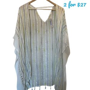 COLLECTION XIIX White/Green Metallic Stripe Swim Cover Up Kimono Jacket Topper